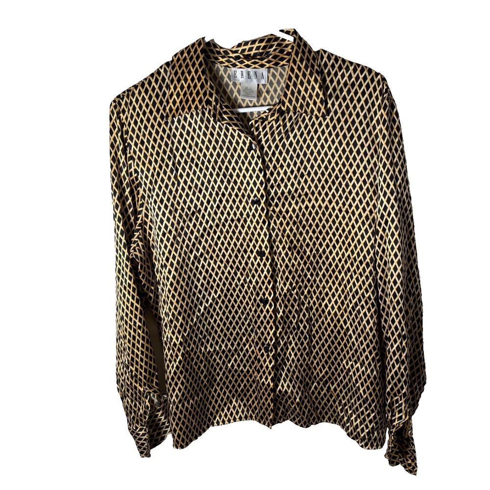 Erena Blouse Women's Large 100% Silk Printed Lightweight Button Down Long Sleeve